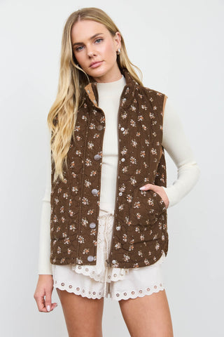 Brown Multi Floral Mock Neck Vest