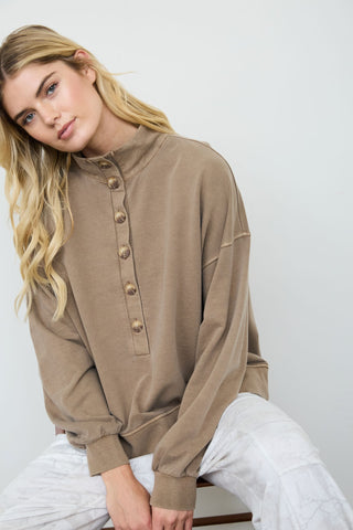 Mocha Mock Neck Henley Knit Top