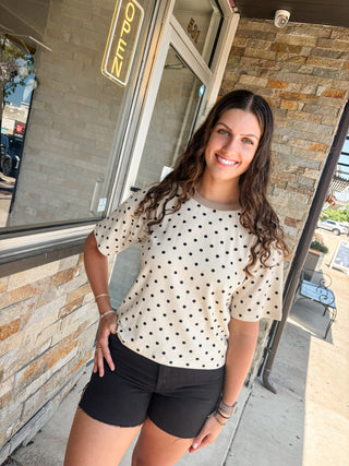 Taupe Contrast Neck Polka Dot Top