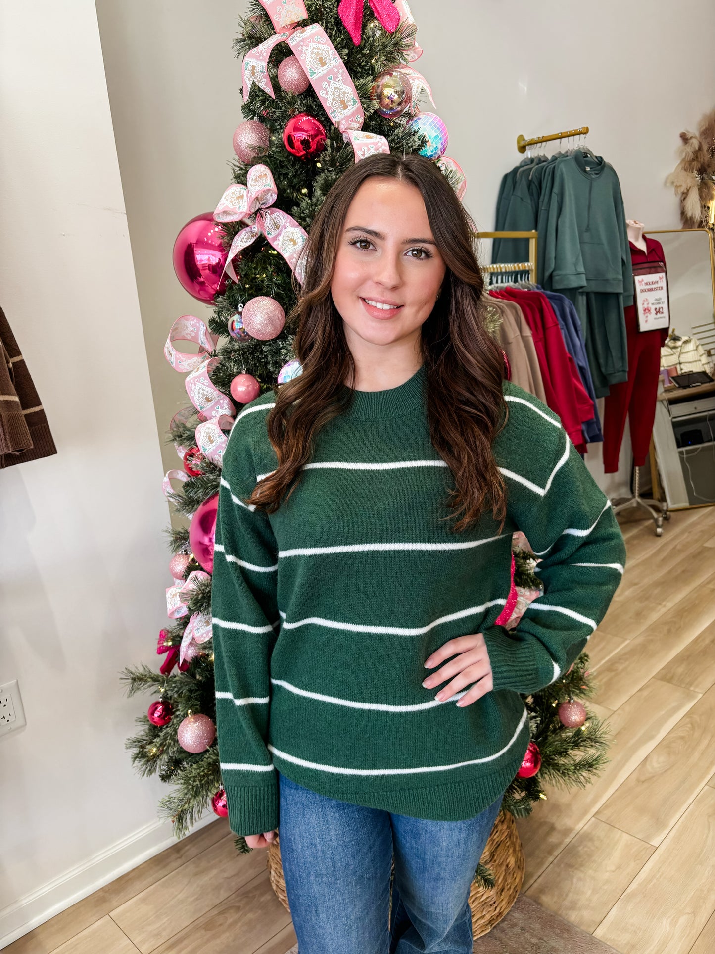Dark Green Striped Round Neck Sweater