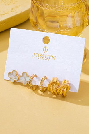Gold Clover Pearl Huggie Trio Set