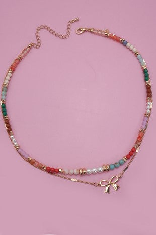 Multi Bead Bow Charm Double Necklace