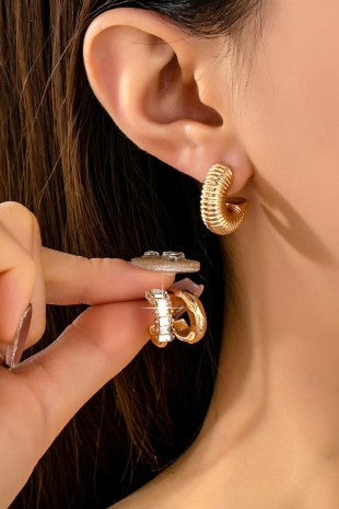 Gold Rhinestone Textured Hoop Trio