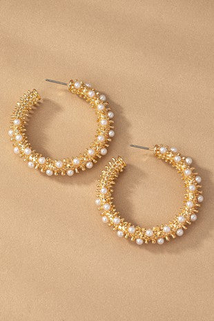Gold Textured Hoop With Pearl Accents