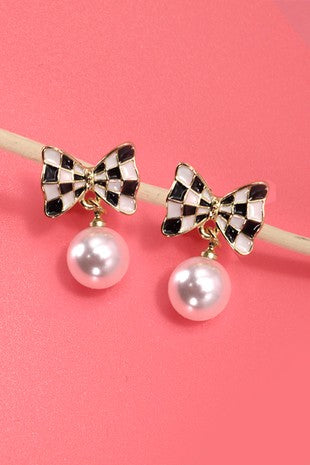 Checkered Bow Pearl Drop Earrings