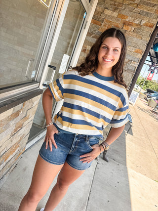 Denim Blue & Yellow Stripe Short Sleeve Top
