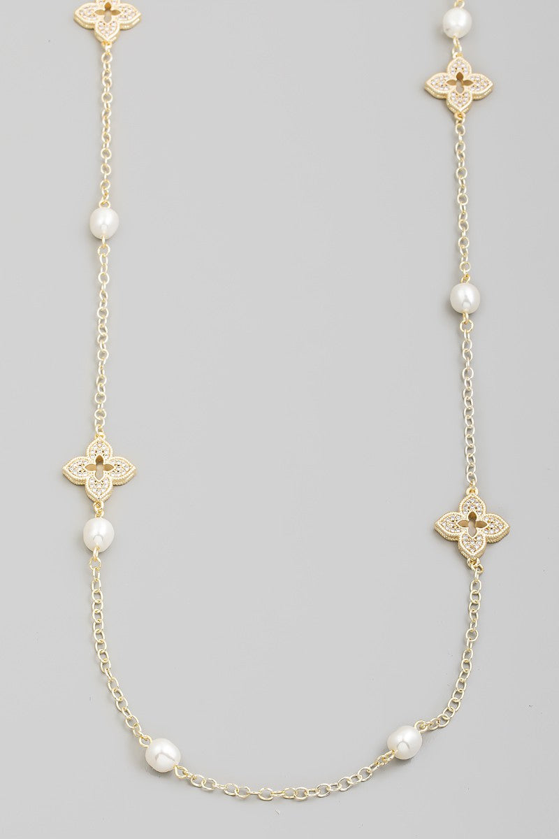 Pearl and Pave Clover Station Long Necklace