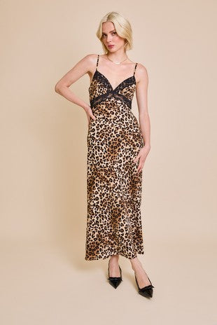 Subtle Hints Leopard Lace Trimmed Maxi Dress