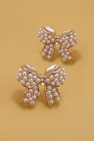 Gold Mini Pearl Bow Earrings