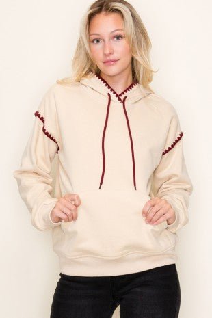 Beige Contrast Blanket Stitched Hoodie - Modern Creek Boutique