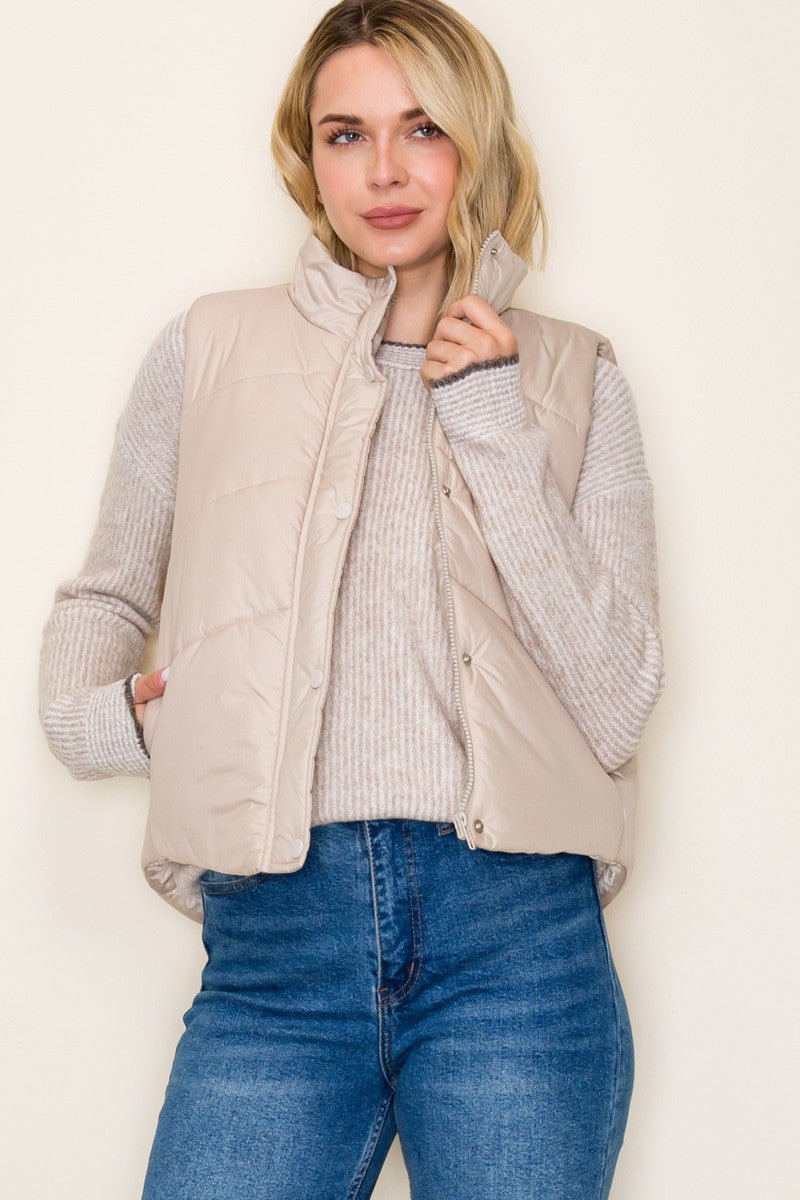 Beige Hidden Snap Puffer Vest - Modern Creek Boutique