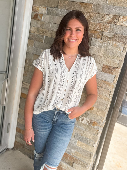 Black Geo Pattern Short Sleeve Blouse - Modern Creek Boutique