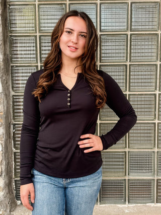Black Henley Knit Top - Modern Creek Boutique