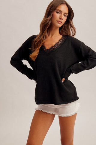Black Lace Trim V Neck Sweater - Modern Creek Boutique
