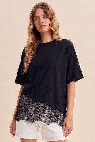 Black Lace Trimmed Asymmetrical Shirt - Modern Creek Boutique