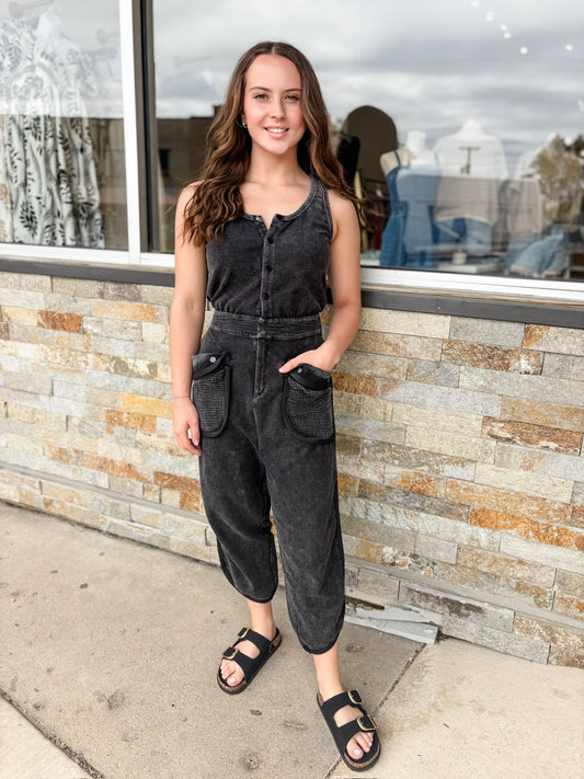 Black Mineral Washed Terry Jumpsuit - Modern Creek Boutique
