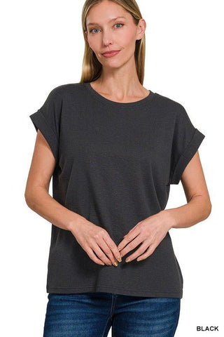 Black Rolled Sleeve Slub Tee - Modern Creek Boutique