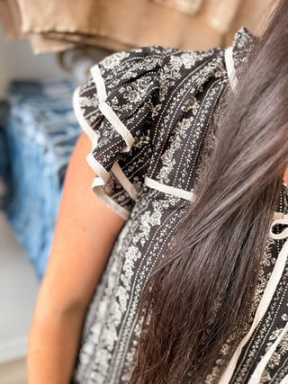 Black Stiped Floral Tie Front Top - Modern Creek Boutique