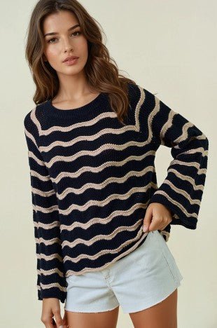 Black Striped Pointelle Sweater Top - Modern Creek Boutique