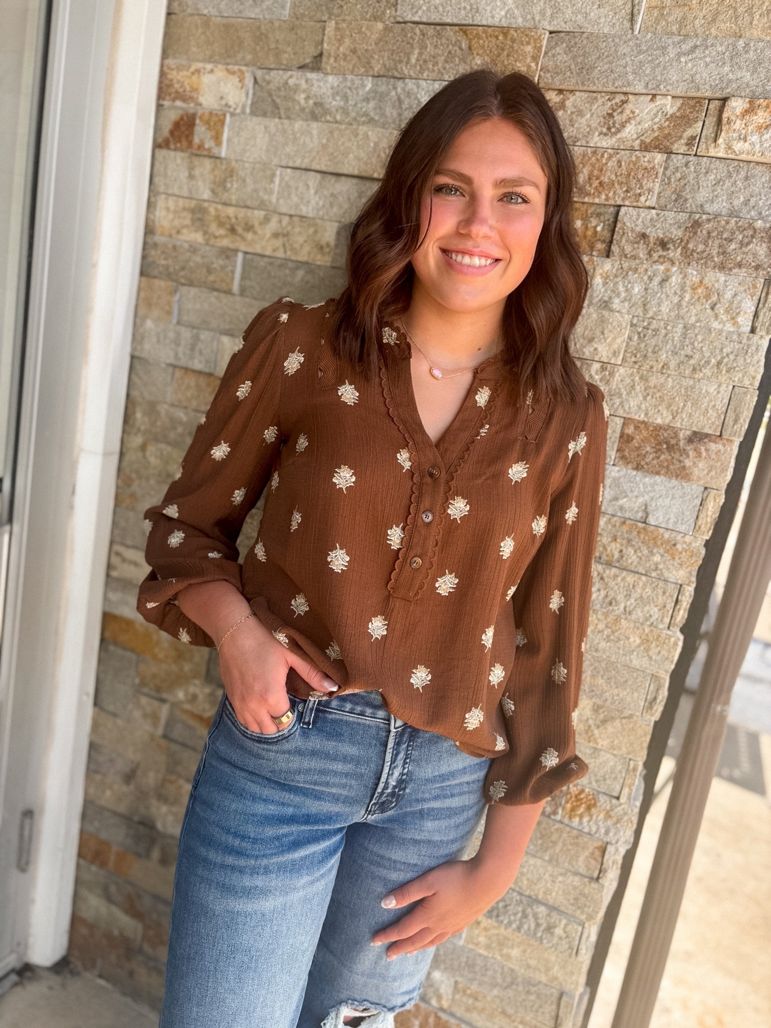 Brown Floral Scallop Trim Top - Modern Creek Boutique