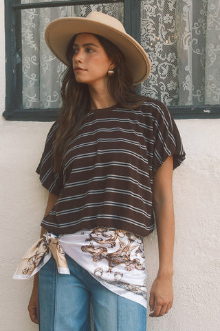 Brown Striped Bubble Hem Knit Top - Modern Creek Boutique