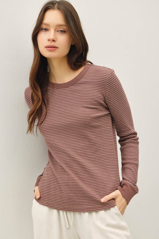 Brown Striped Thermal Crewneck Top - Modern Creek Boutique