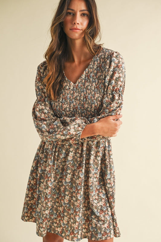 Brown Vintage Flower Print Mini Dress - Modern Creek Boutique