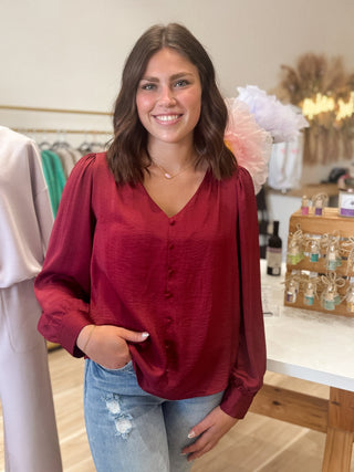 Burgundy Textured Satin Blouse - Modern Creek Boutique