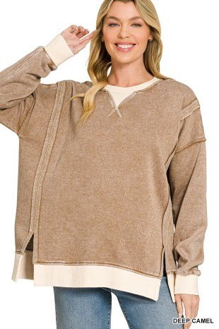 Camel Acid Washed Contrast Sweatshirt - Modern Creek Boutique