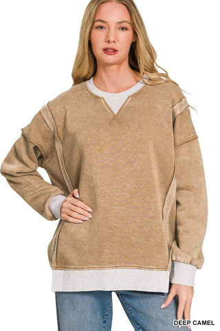 Camel Acid Washed Contrast Sweatshirt - Modern Creek Boutique