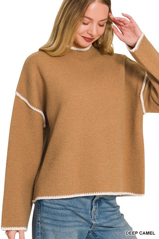 Camel Mock Neck Stitch Detailed Sweater - Modern Creek Boutique
