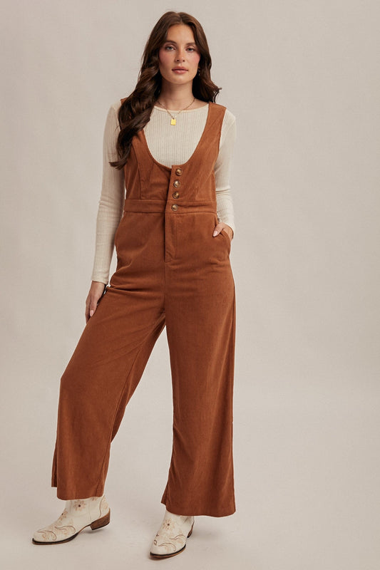 Camel Scoop Neck Corduroy Jumpsuit - Modern Creek Boutique