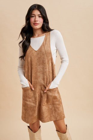 Camel Suede Overall Mini Dress - Modern Creek Boutique