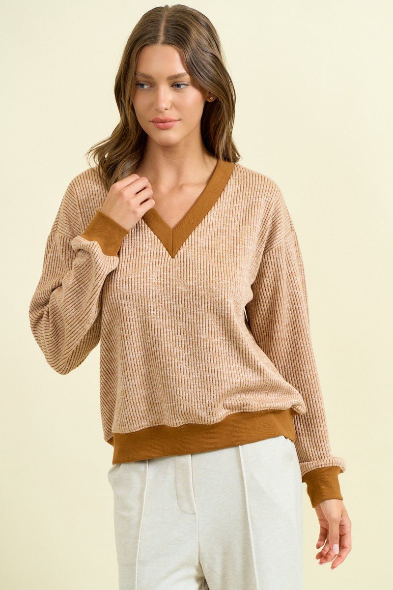 Camel Vertical Stripe Two Tone Sweater - Modern Creek Boutique