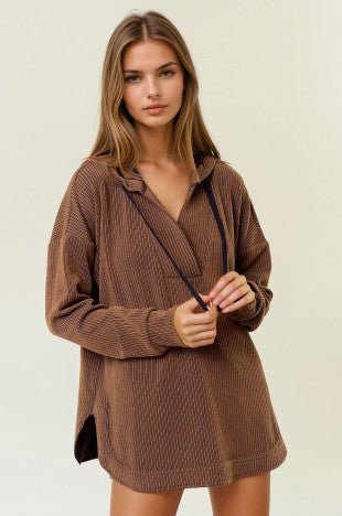 Caramel Textured Stripe Vneck Hoodie - Modern Creek Boutique