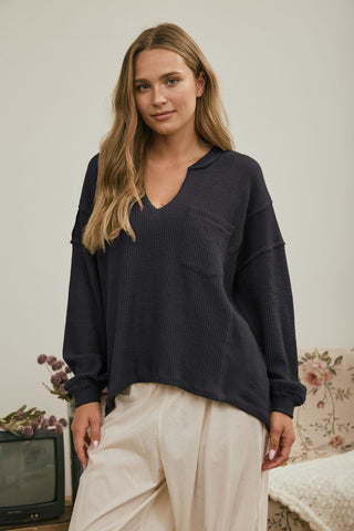 Charcoal Split Neck Long Sleeve Top - Modern Creek Boutique