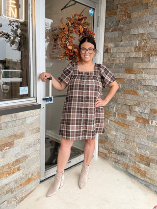 Chocolate Brown Plaid Mini Dress - Modern Creek Boutique