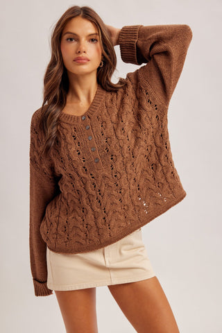 Chocolate Henley Long Sleeve Sweater - Modern Creek Boutique