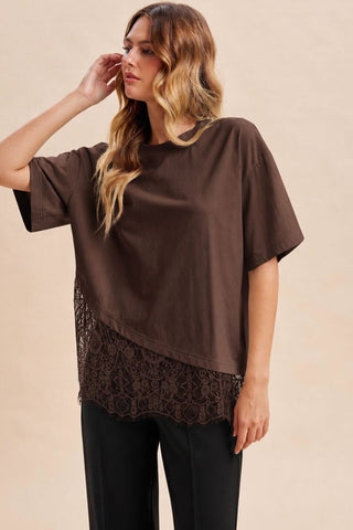 Chocolate Lace Trimmed Asymmetrical Shirt - Modern Creek Boutique