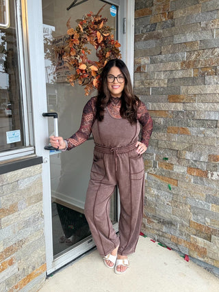 Chocolate Mineral Washed Barrel Jumpsuit - Modern Creek Boutique