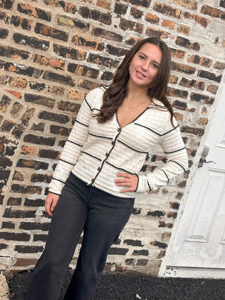 Cream Striped Textured Collared Cardigan - Modern Creek Boutique