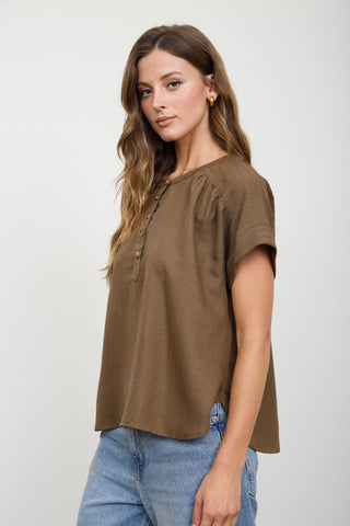 Dark Brown Textured Henley Blouse - Modern Creek Boutique