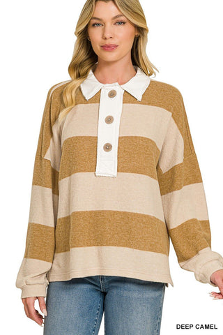 Deep Camel Striped Collared Sweater - Modern Creek Boutique