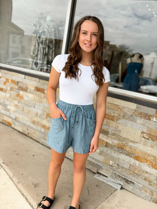 Dusty Blue Drawstring Crinkle Shorts - Modern Creek Boutique