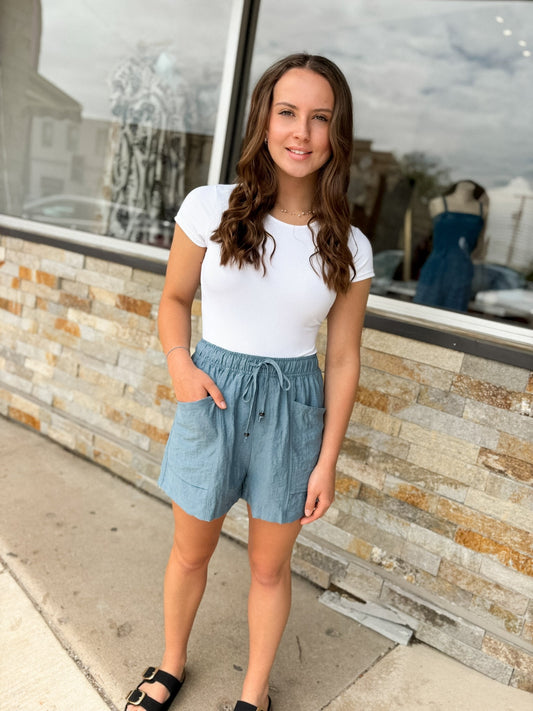 Dusty Blue Drawstring Crinkle Shorts - Modern Creek Boutique