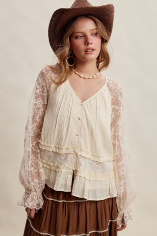 Ecru Floral Lase Tiered Blouse - Modern Creek Boutique