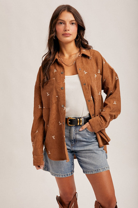 Embroidered Bow Camel Corduroy Button Down - Modern Creek Boutique