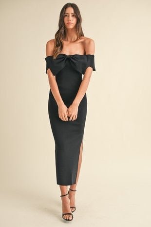 Getting Your Attention Off The Shoulder Black Bow Dress - Modern Creek Boutique