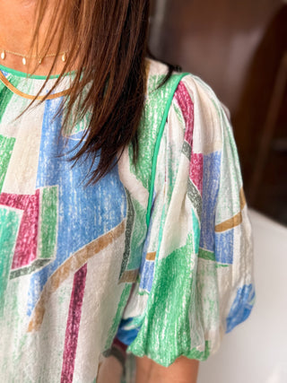 Green Abstract Puff Sleeved Blouse - Modern Creek Boutique