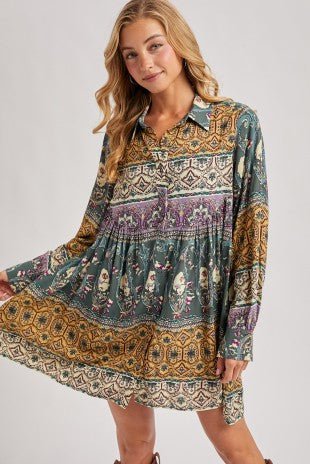 Green Paisley Print Shirt Dress - Modern Creek Boutique
